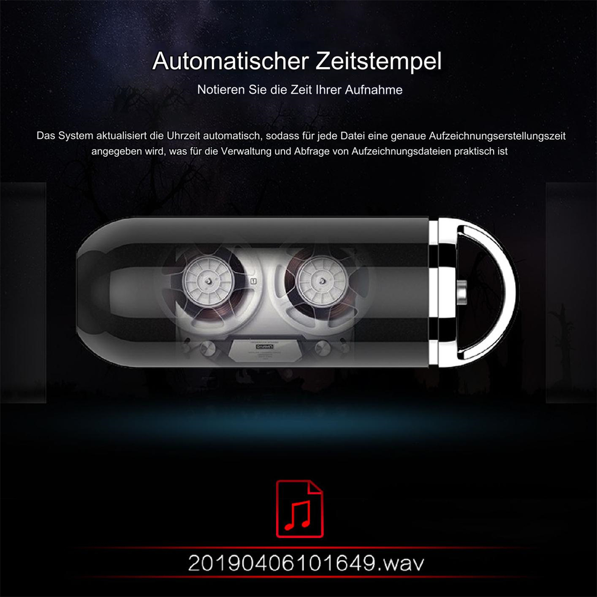 Audioaufnahmegerät mit Text und einem Notensymbol.
