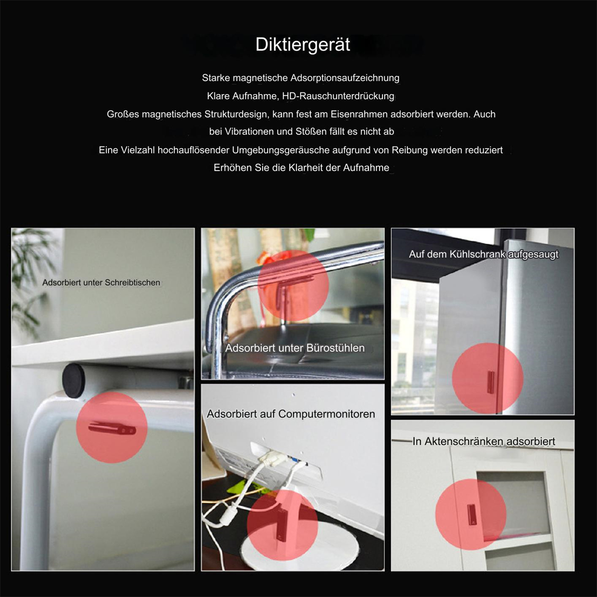 Diagramm zeigt ein Gerät mit roten Kreisen, die angeben, wo es befestigt werden kann: Schreibtisch, Stuhl, Kühlschrank usw.