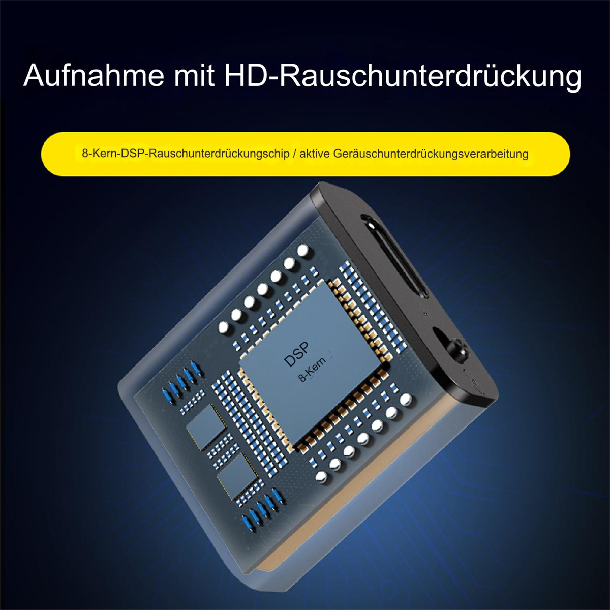 Nahaufnahme einer Leiterplatte mit zentralem DSP-Prozessor.