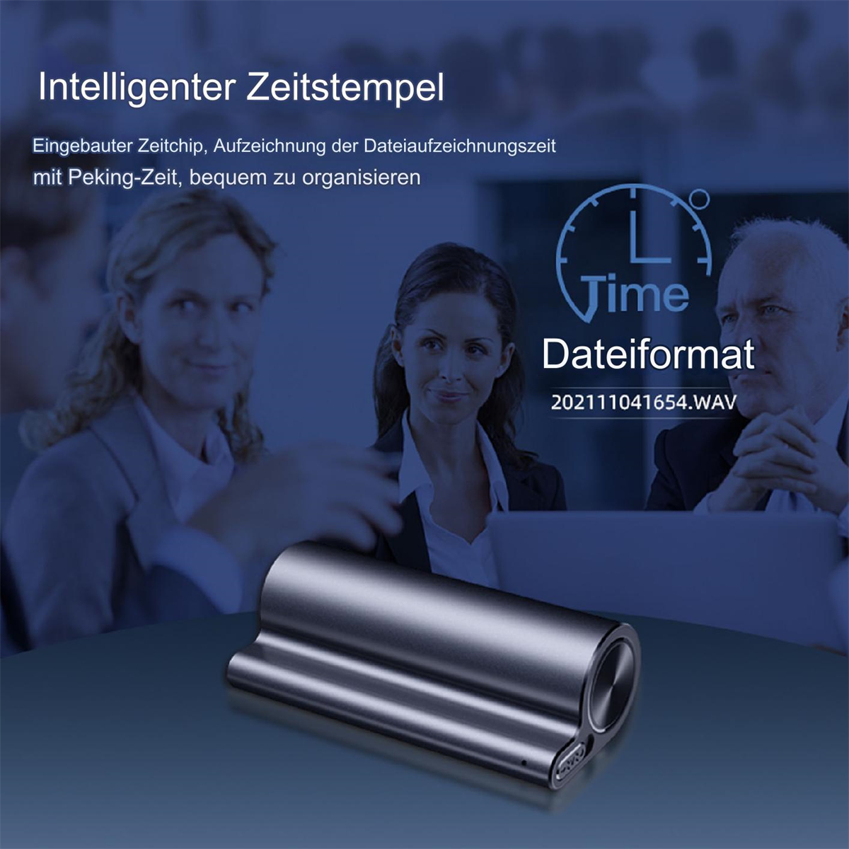 Silberner Rekorder mit Zeitstempel und Personen im Hintergrund, in einem Geschäftstreffen.
