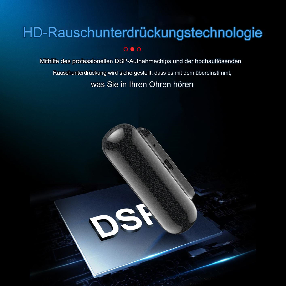 Schwarzer Audiorekorder auf einem Chip. Der Text 'DSP' ist sichtbar. Informativer Text oben, vor schwarzem Hintergrund.