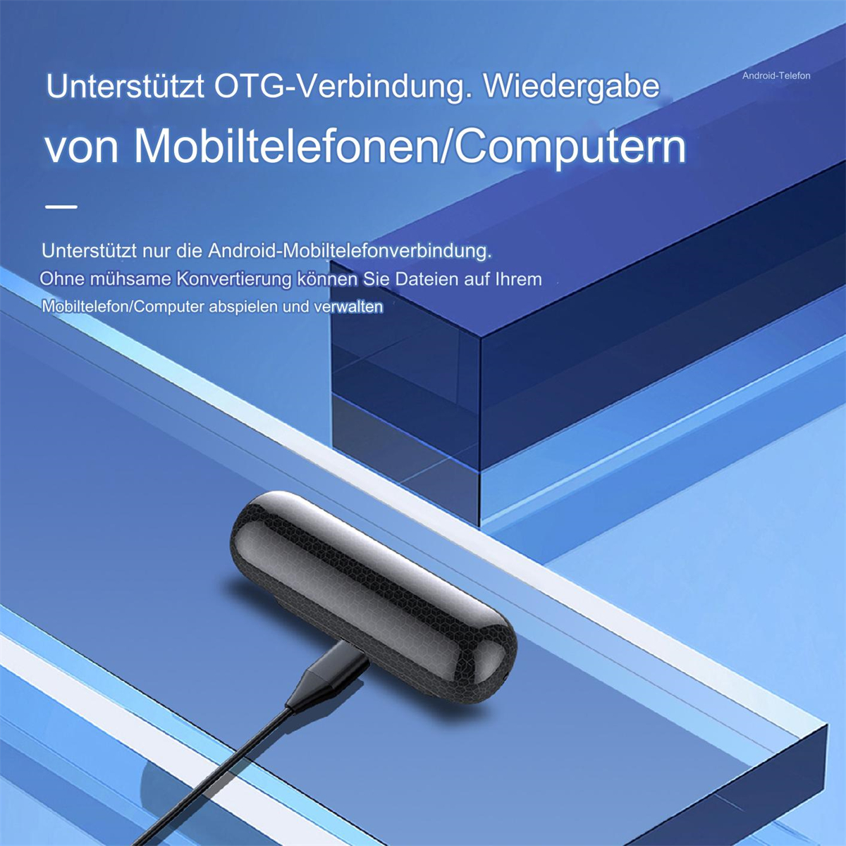 Schwarzer USB-C-Adapter mit schwarzem Kabel. Text zur OTG-Verbindung vorhanden.