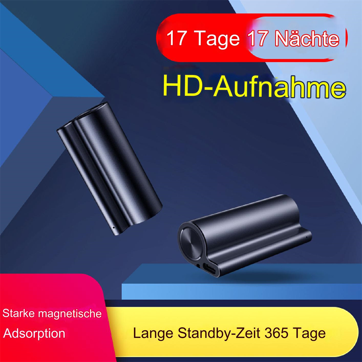 Zwei schwarze Geräte mit Text auf Deutsch. Das Bild hat einen blauen und rosa Hintergrund.