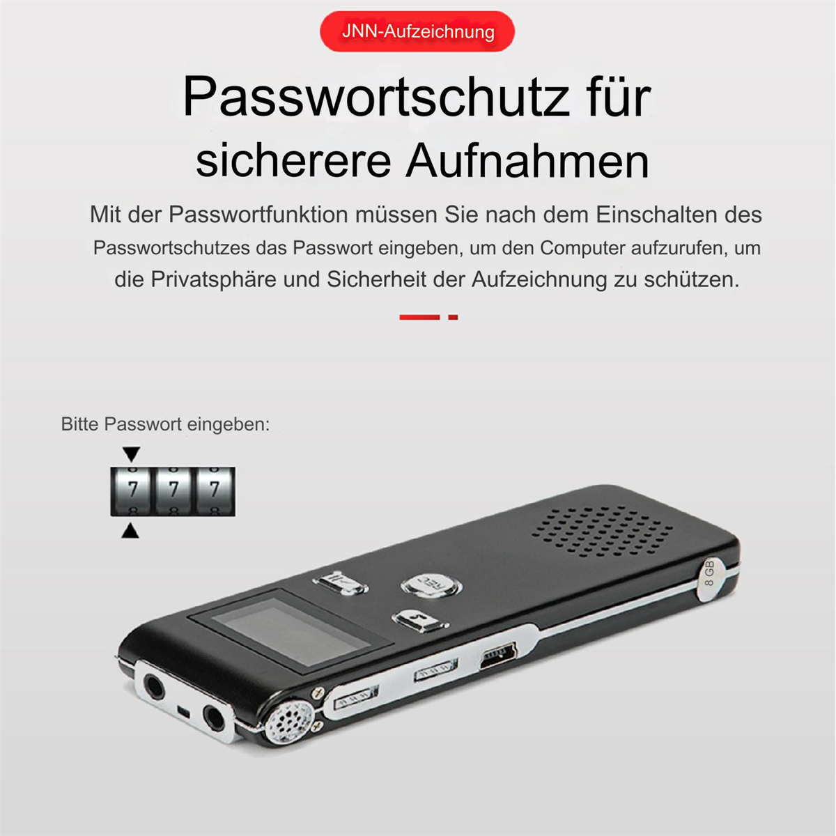 Ein schwarzes Aufnahmegerät mit Bildschirm. Der Text oben lautet: "Passwortschutz für sichere Aufnahmen."