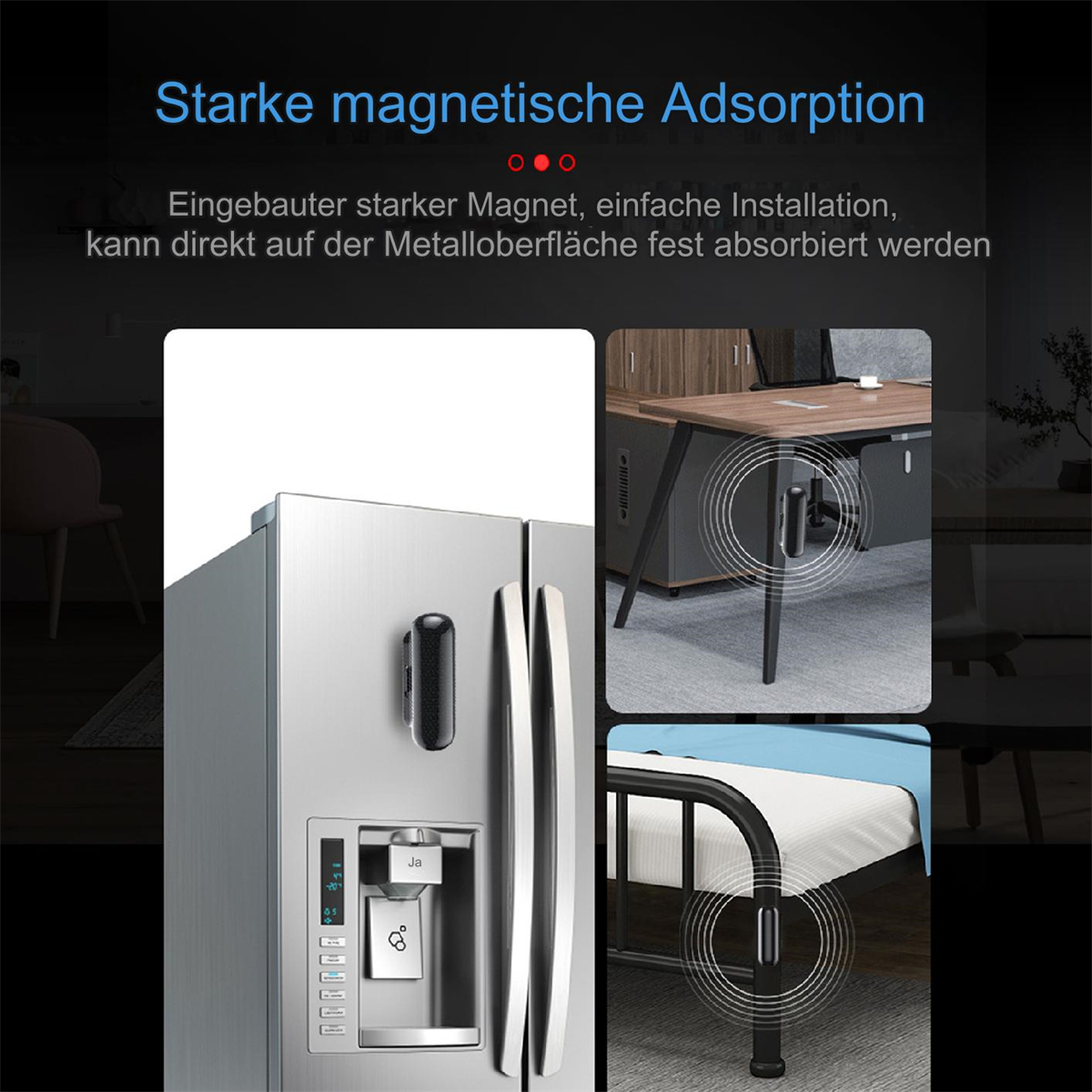 Schwarzes magnetisches Gerät an einem Kühlschrank befestigt, mit erklärenden Bildern.
