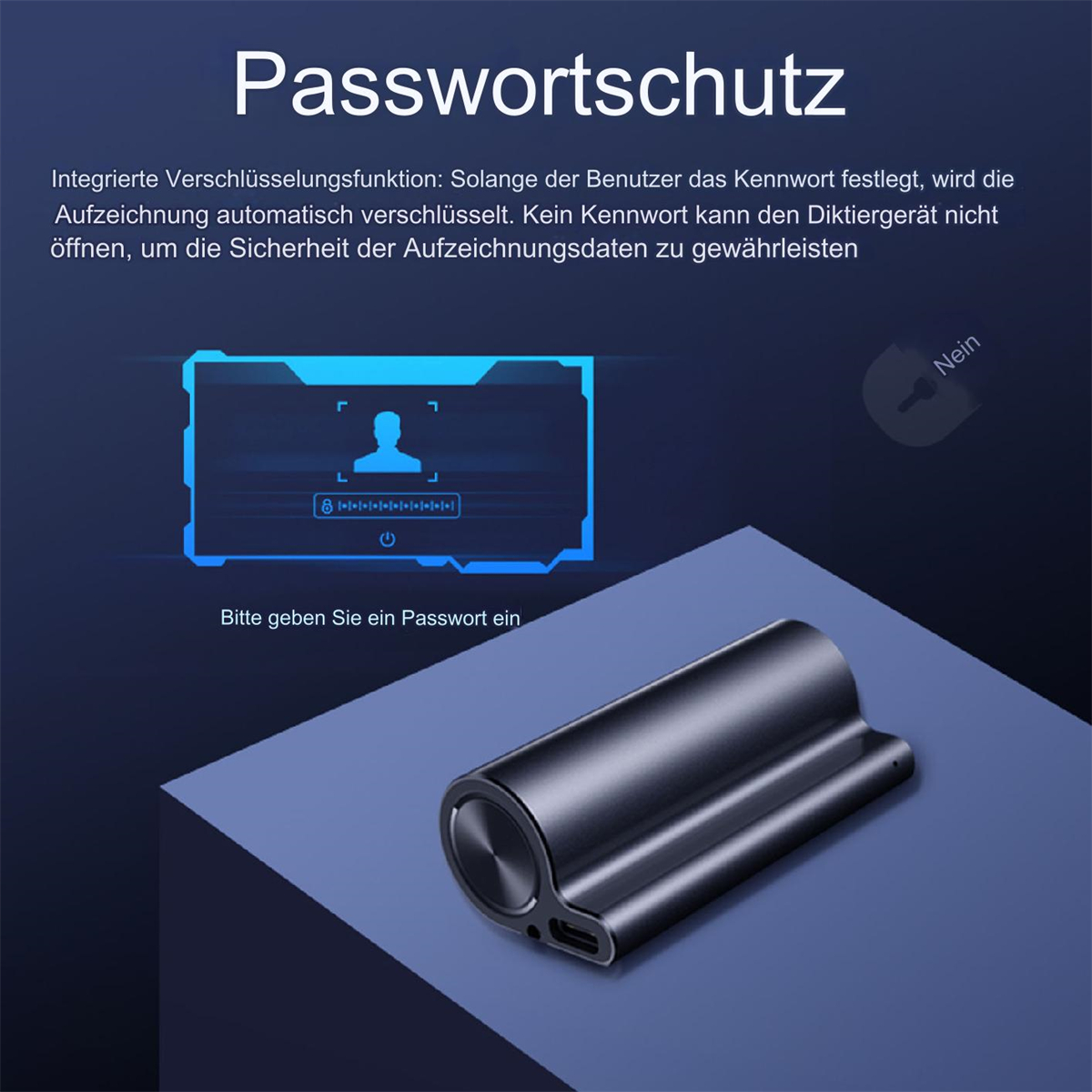 Schwarzes Aufnahmegerät mit blauem Bildschirm und Passwortschutz.