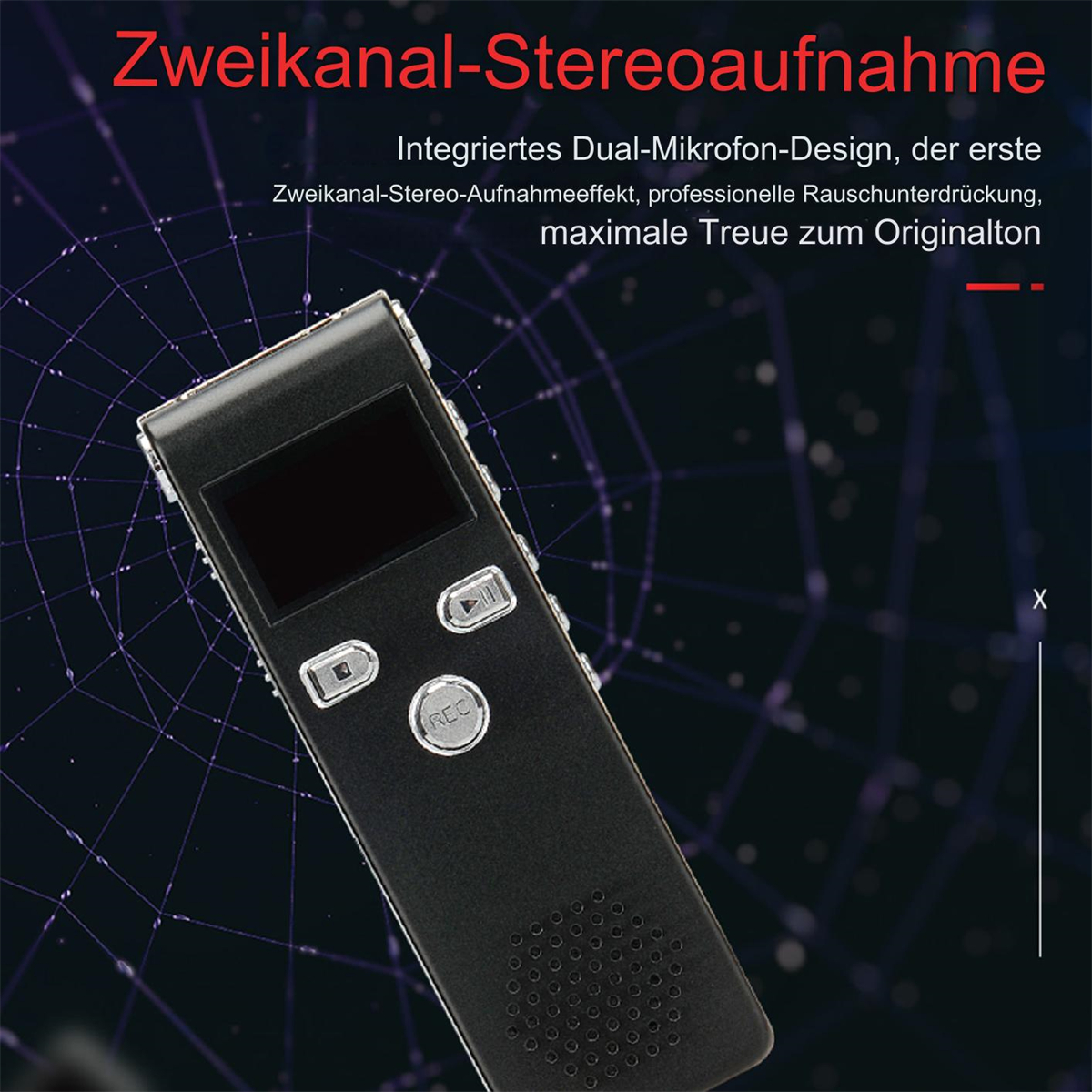 Schwarzes Aufnahmegerät mit Bildschirm und Knöpfen. Text im Hintergrund: Stereoaufzeichnung.