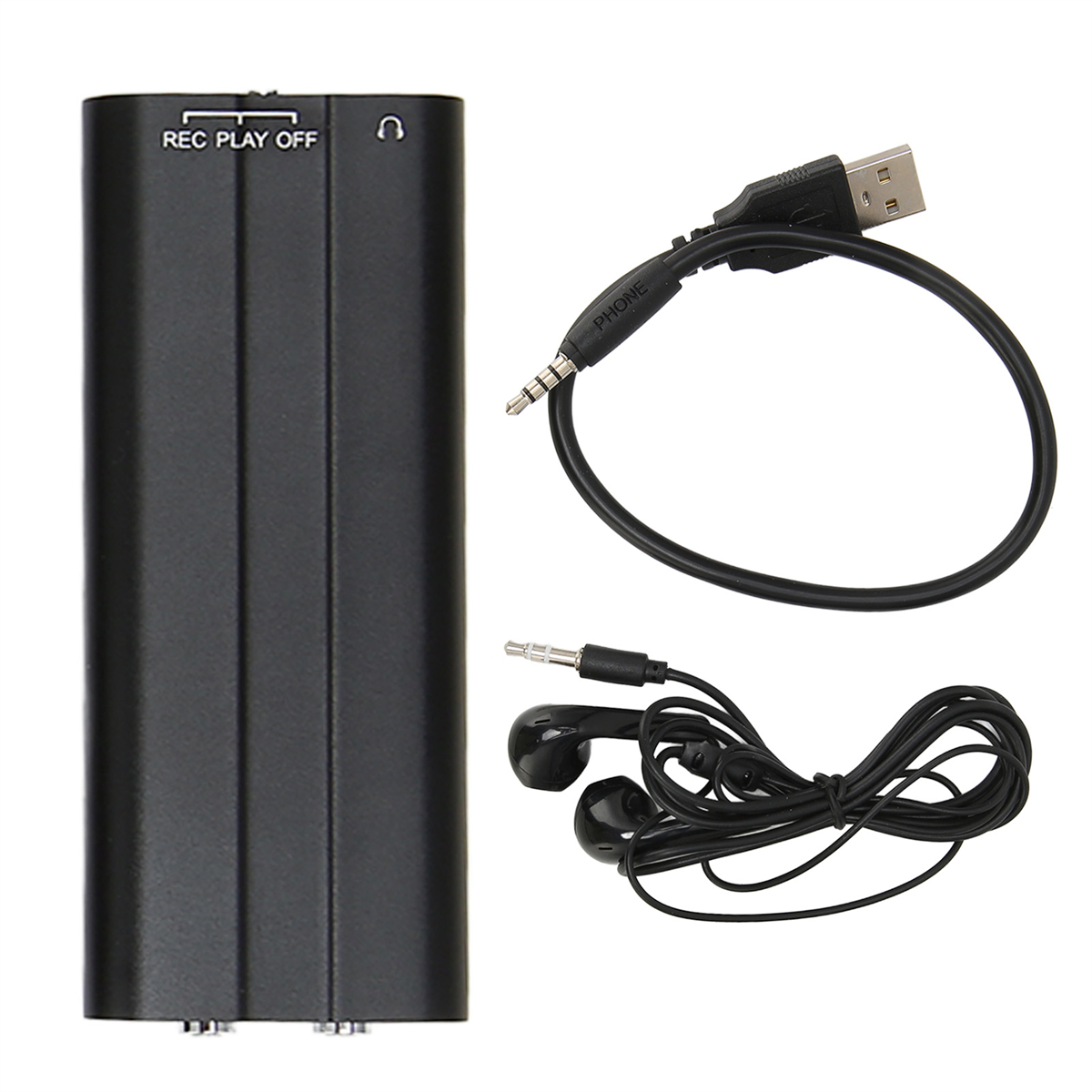 Schwarzes Aufnahmegerät, USB-Kabel und Kopfhörer. Weißer Hintergrund.
