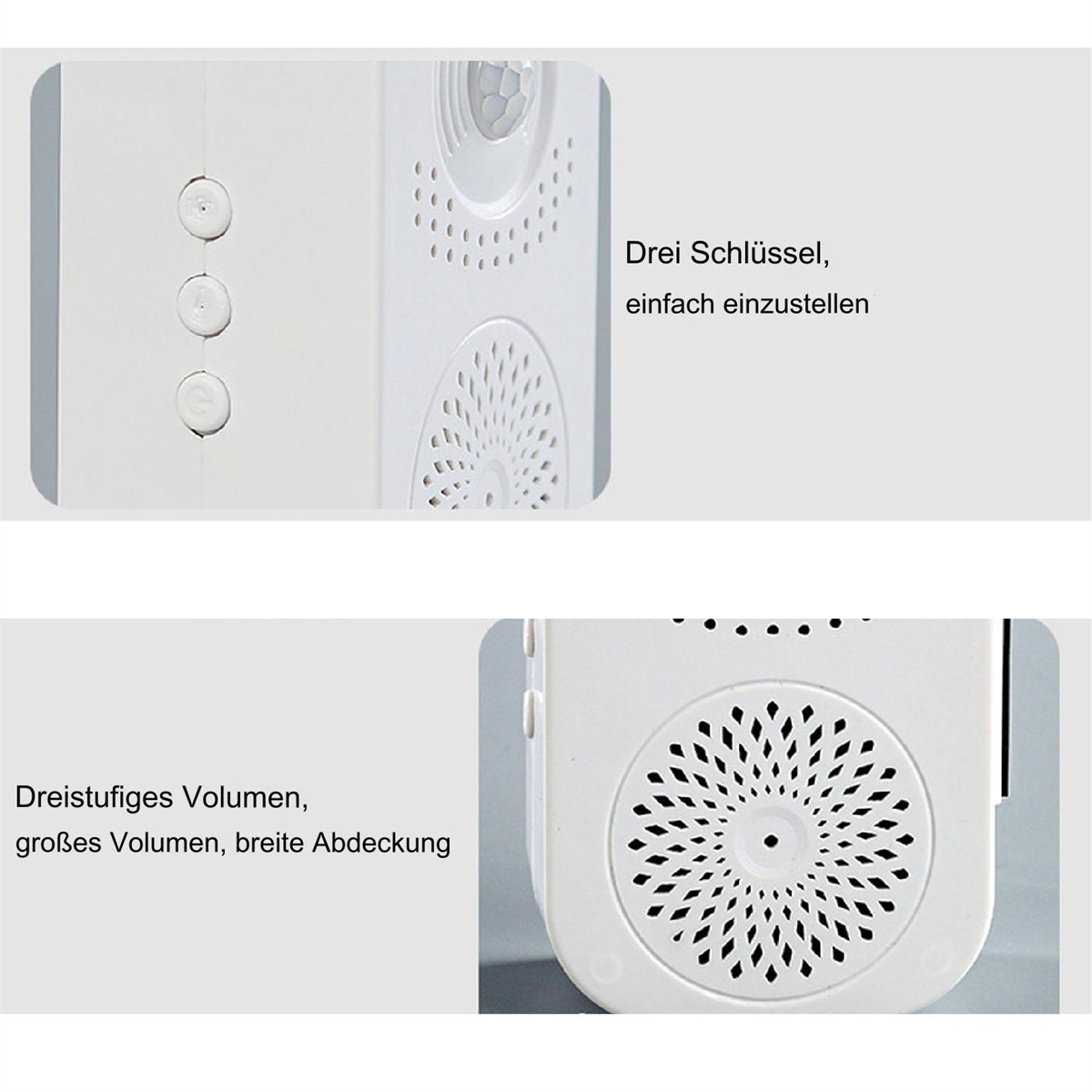 Nahaufnahme eines weißen Geräts mit drei Knöpfen und einem Lautsprecher mit Blumendesign.