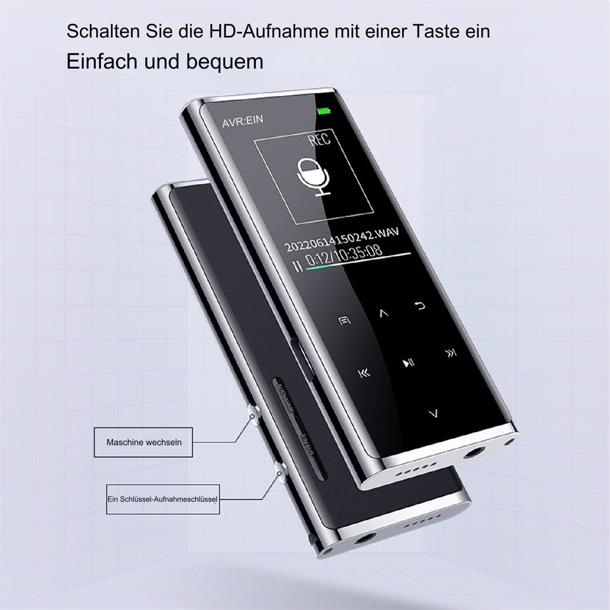 Zwei schwarze digitale Rekorder mit Bildschirm, der Aufnahmeinformationen anzeigt, im Studio.