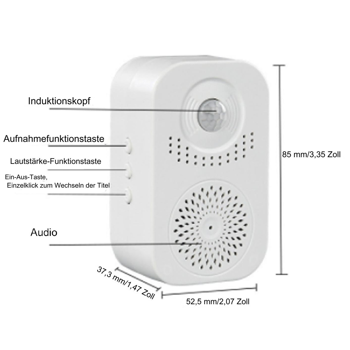 Weißes Gerät mit Beschriftungen: 'Induktionskopf', 'Aufnahmefunktiontaste', 'Audio' und Abmessungen.