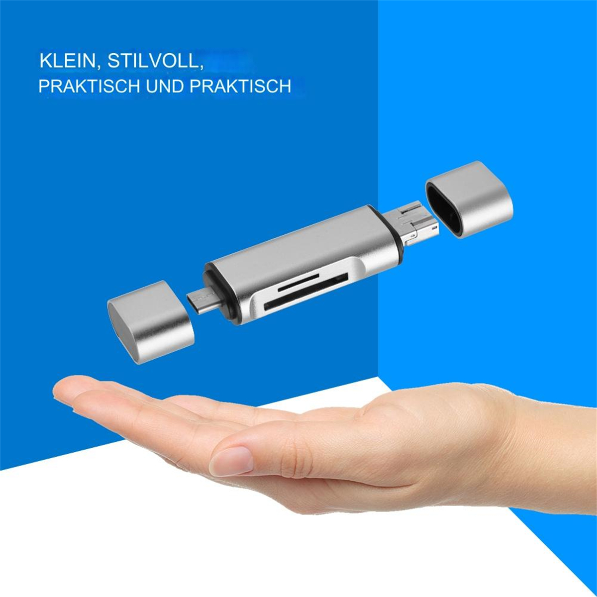 Silberner USB-Stick mit Kappen, geöffnet, in der Hand gehalten. Blau-weißer Hintergrund, Text.