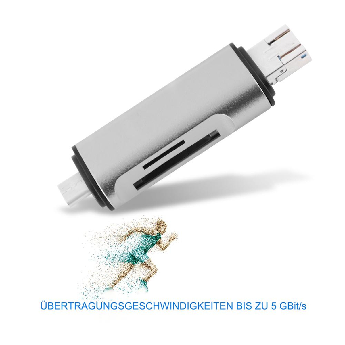Silberner USB-Kartenleser mit einer Grafik einer rennenden Person.