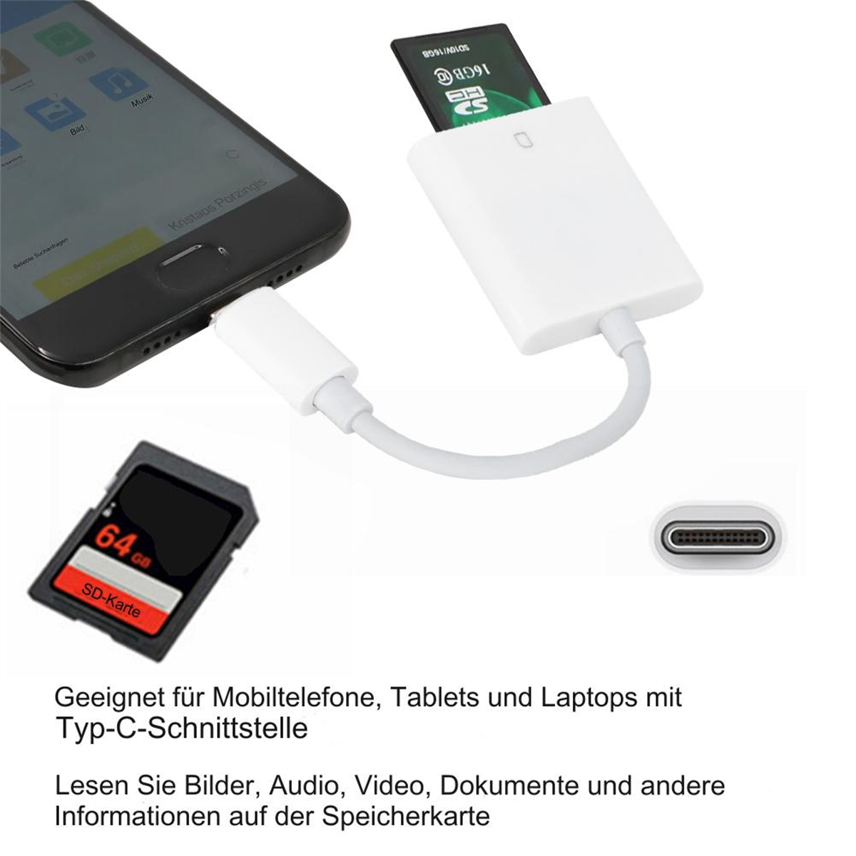 SD-Kartenadapter für Telefon, mit SD-Karte und USB-C-Anschluss.