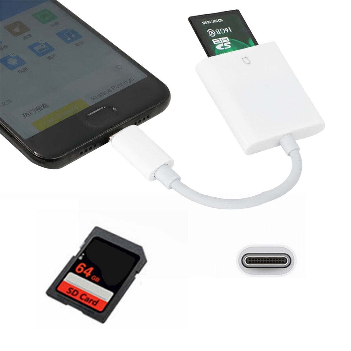 Smartphone verbunden mit weißem Kartenleser mit eingesetzter SD-Karte. Zusätzliche SD-Karte und Anschluss unten.