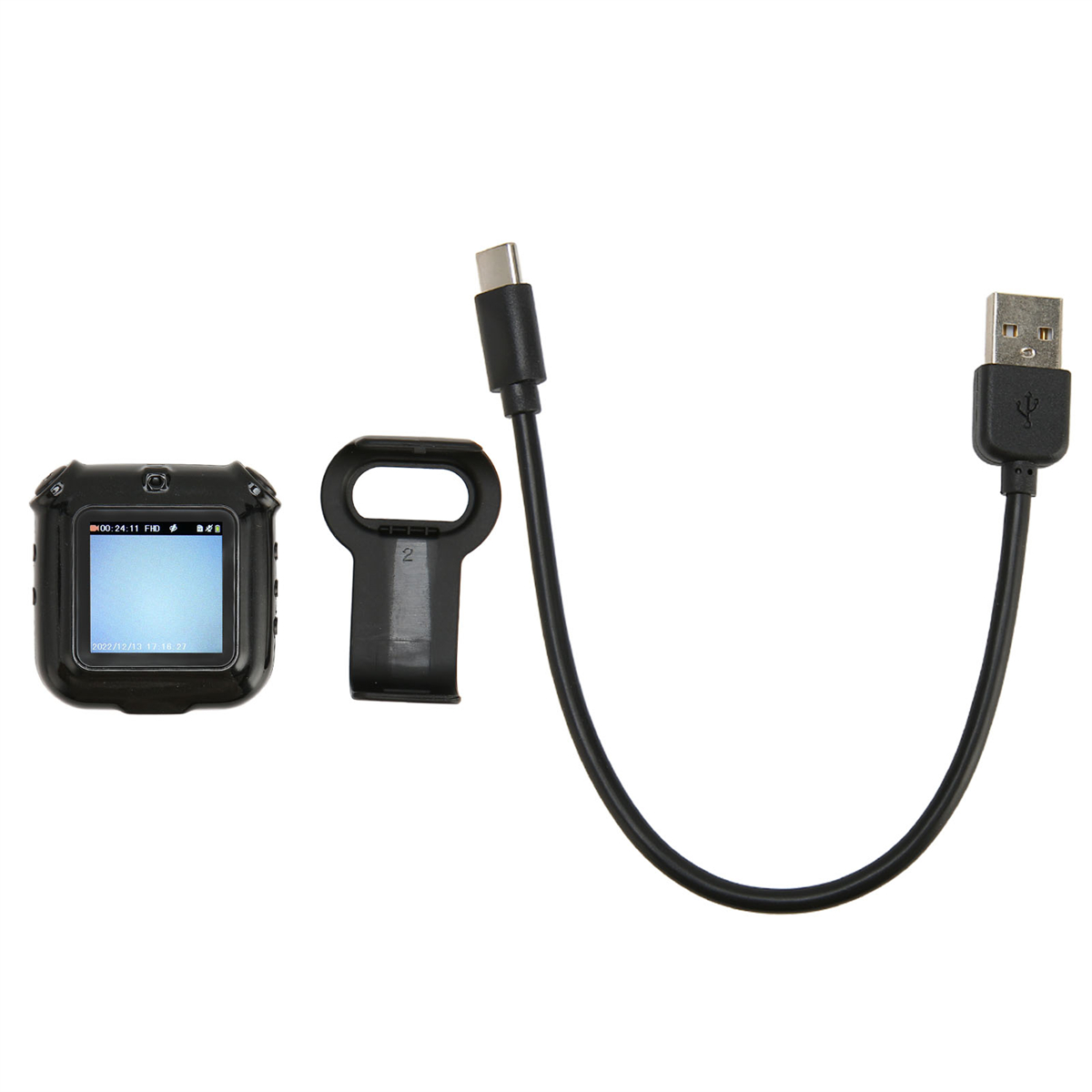 Schwarzes Gerät mit Bildschirm, Clip und USB-Kabel. Zeigt Uhrzeit und Datum.
