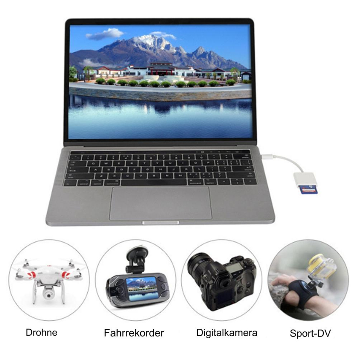 Laptop mit Drohne, Dashcam, Kamera und Sport-DV. Alles unter dem Laptop-Bildschirm platziert.