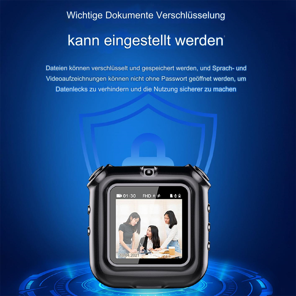 Schwarze Dashcam mit Bildschirm, der drei Frauen zeigt, mit blauem Sicherheitssymbol.