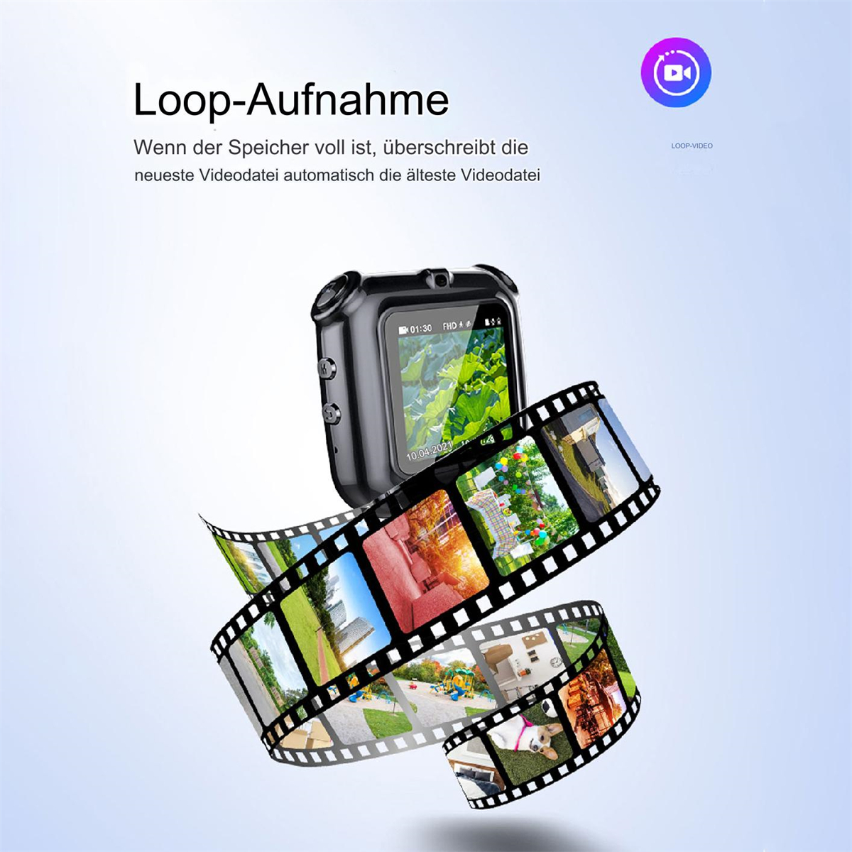 Schwarze Kamera mit Filmstreifen und Text auf blauem Farbverlauf.