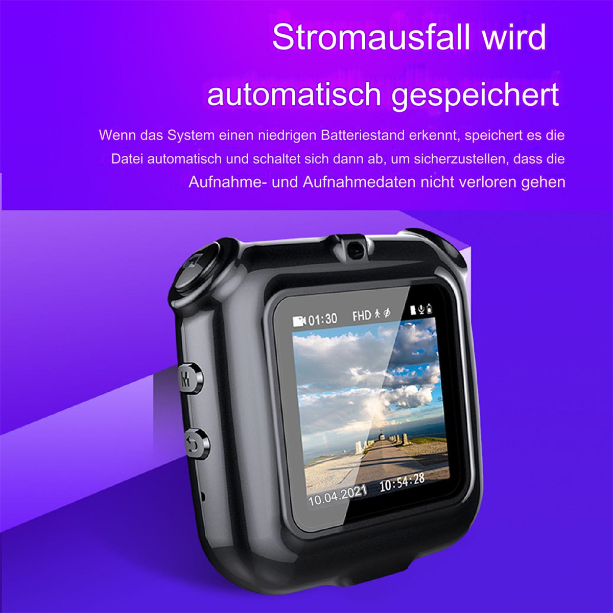Eine schwarze Kamera mit einem Bildschirm, der Zeit und Datum anzeigt. Der Hintergrund ist ein lila Farbverlauf.
