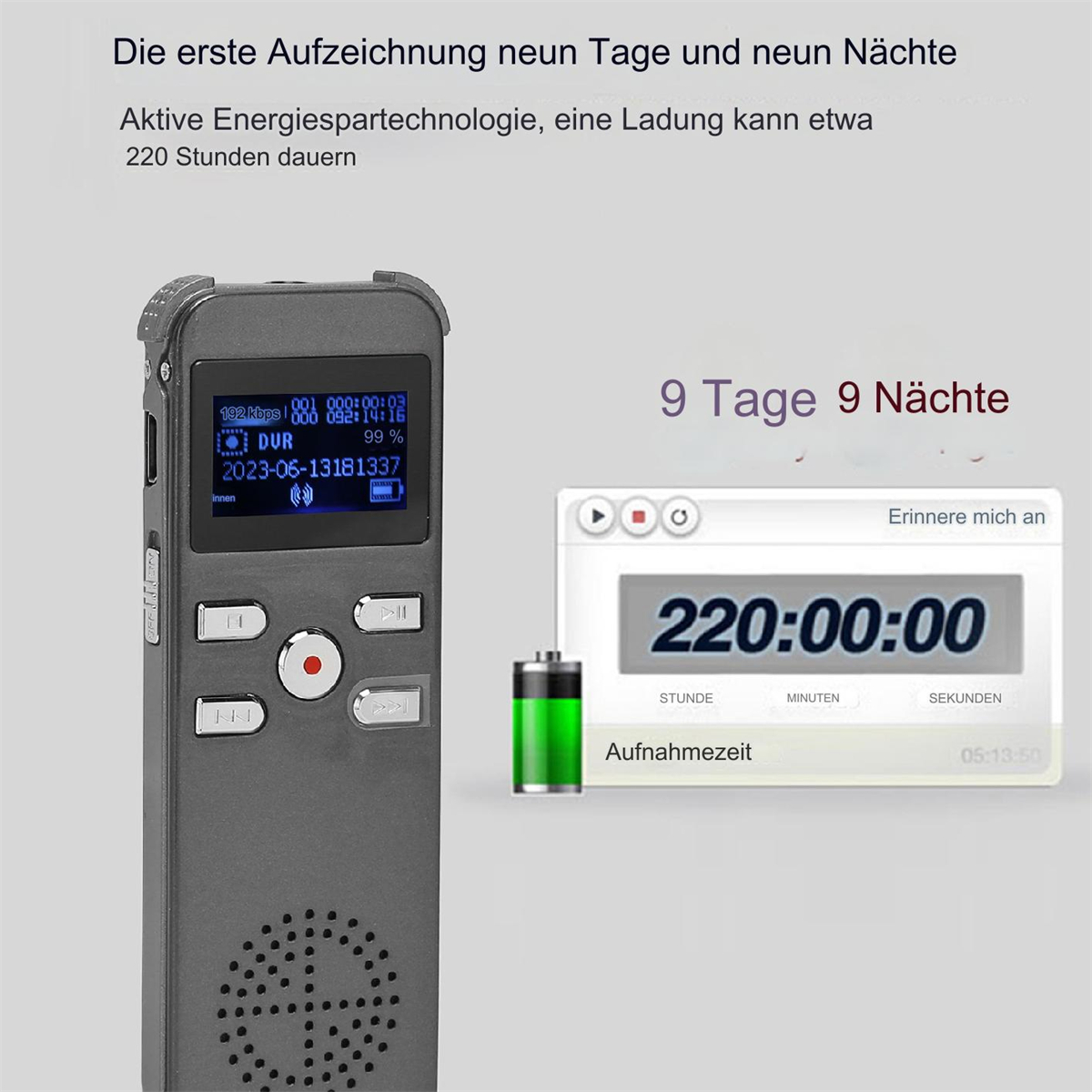 Schwarzes Aufnahmegerät mit Bildschirm und Tasten. Zeigt Zeit, Datum und Batteriestand an.