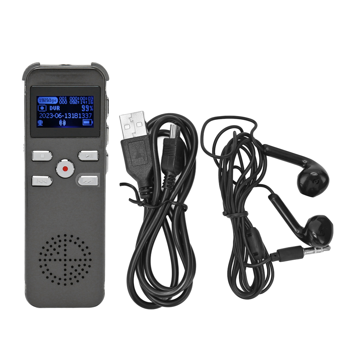 Schwarzes Aufnahmegerät mit Bildschirm, USB-Kabel und Kopfhörern.