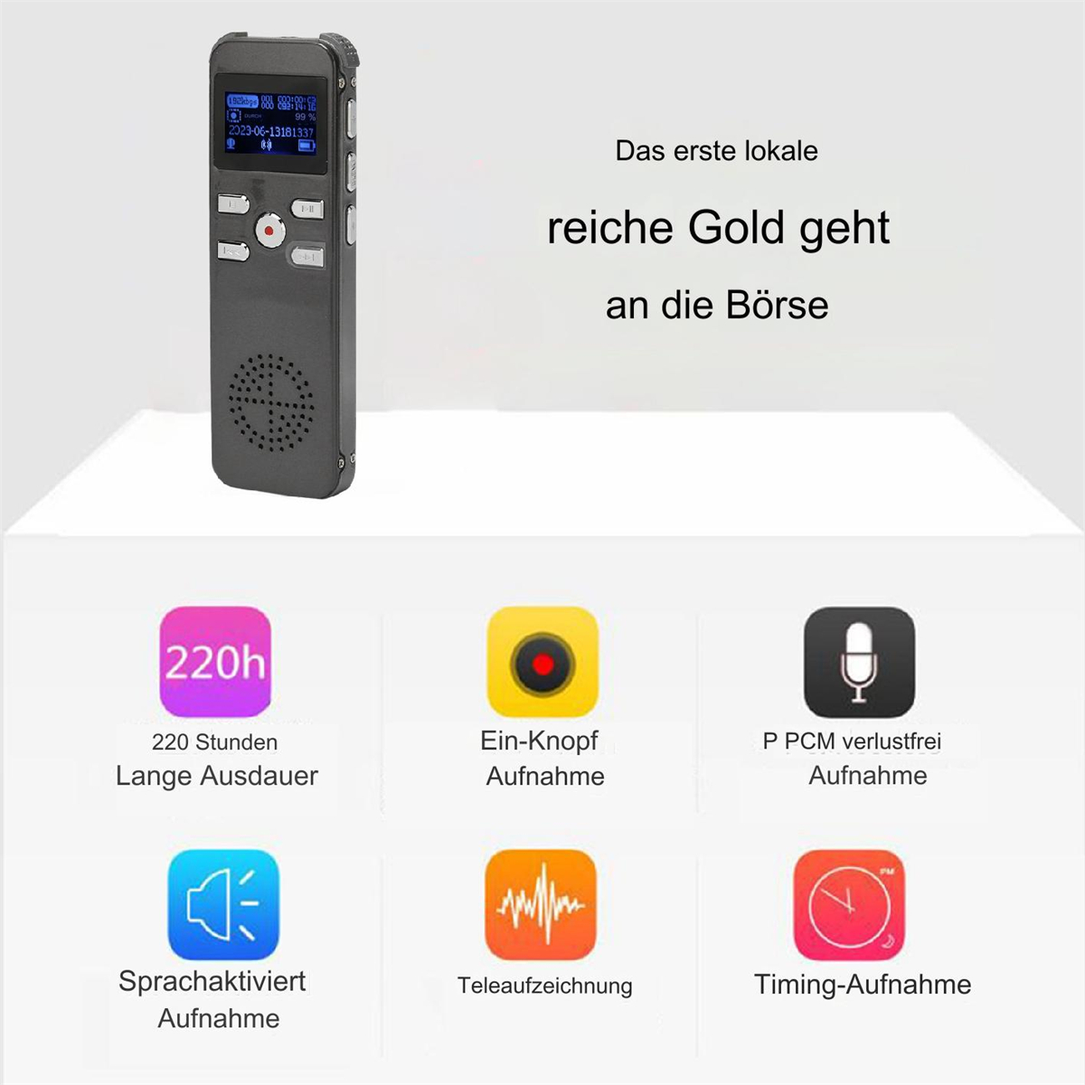 Ein schwarzes Diktiergerät mit Bildschirm, sechs App-Symbolen darunter, auf weißer Oberfläche.