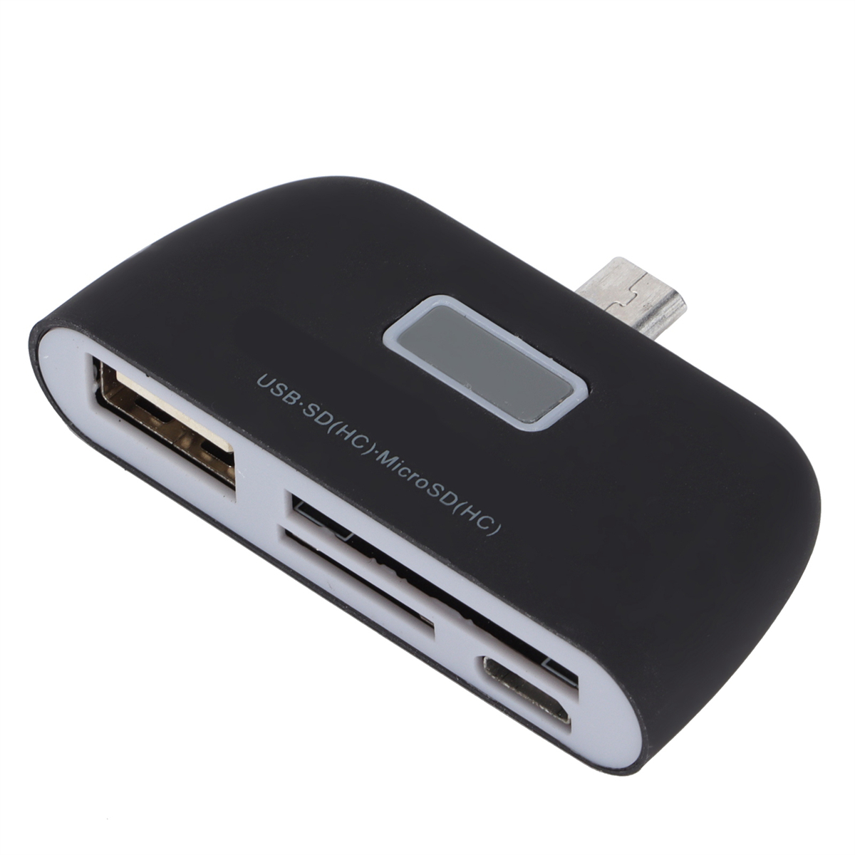 Schwarzer Kartenleser mit USB- und Micro-USB-Anschlüssen.