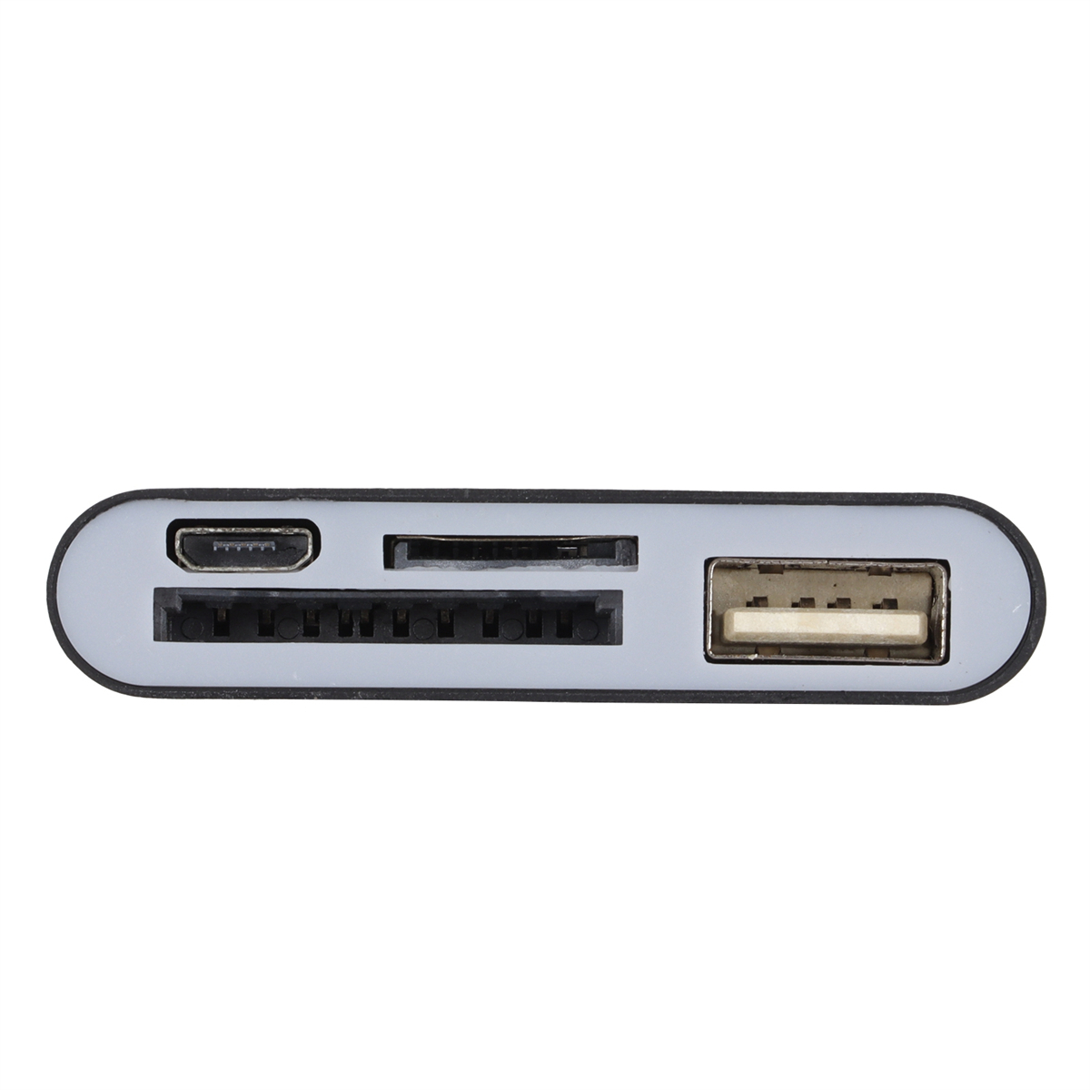 Nahaufnahme eines USB-Kartenlesers mit Micro-USB-, SD-Karten- und USB-Anschlüssen.