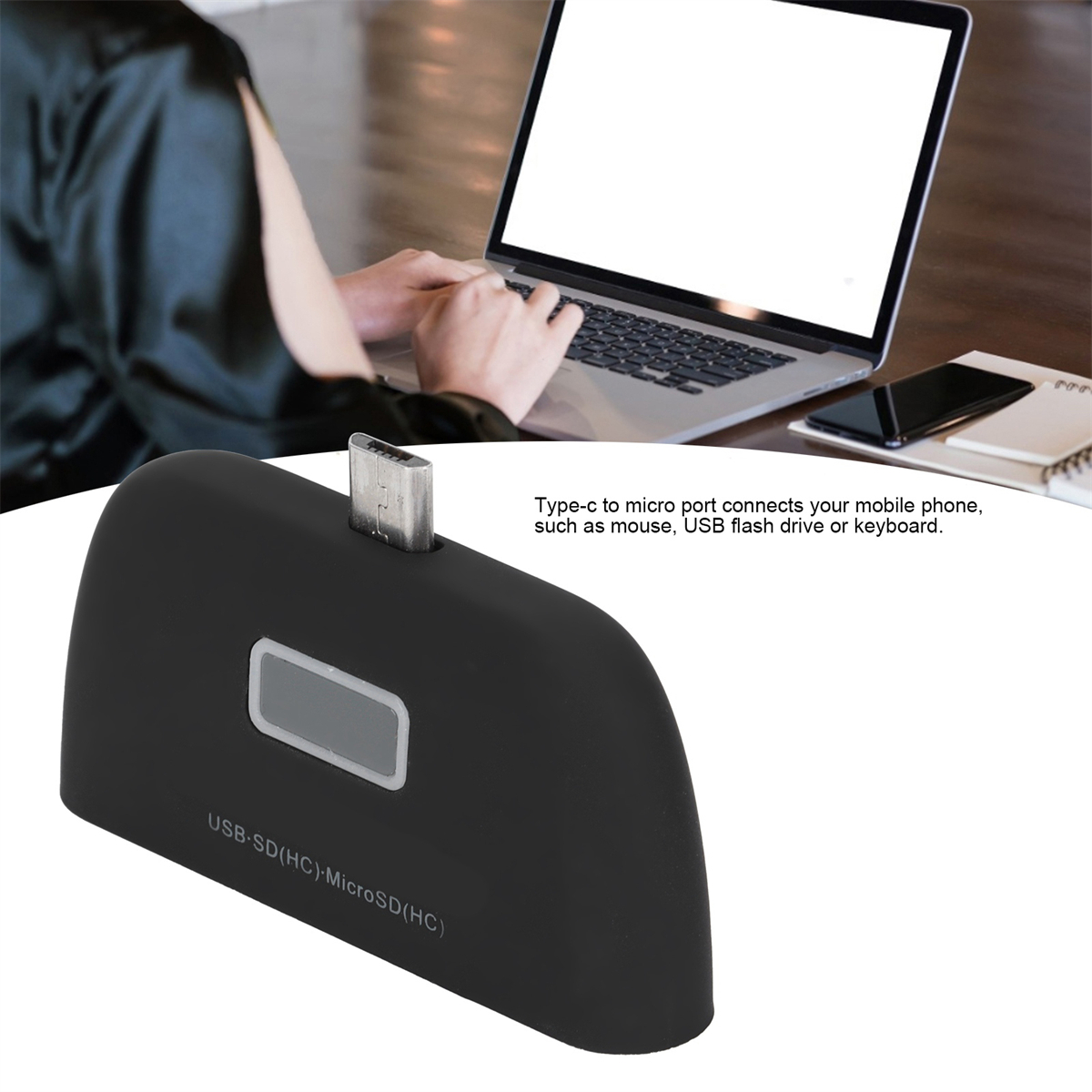 Schwarzer USB-Adapter mit USB-C-Anschluss. An einen Laptop angeschlossen. Text erklärt die Verbindung.