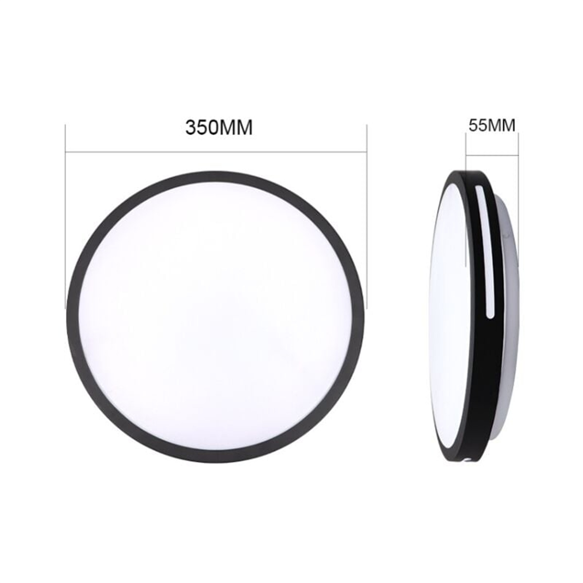 Ein rundes weißes Licht. Die Abmessungen sind 350 mm und 55 mm, mit einem schwarzen Ring.