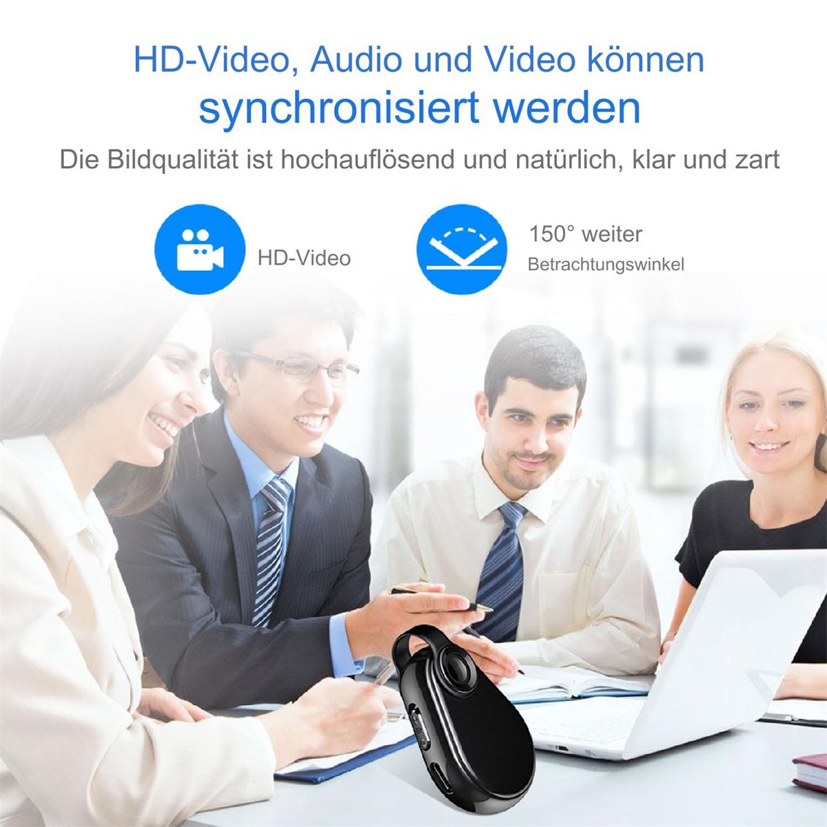 Leute im Büro um ein schwarzes Aufnahmegerät. Text auf Deutsch. HD-Video, Audio und Video können synchronisiert werden.