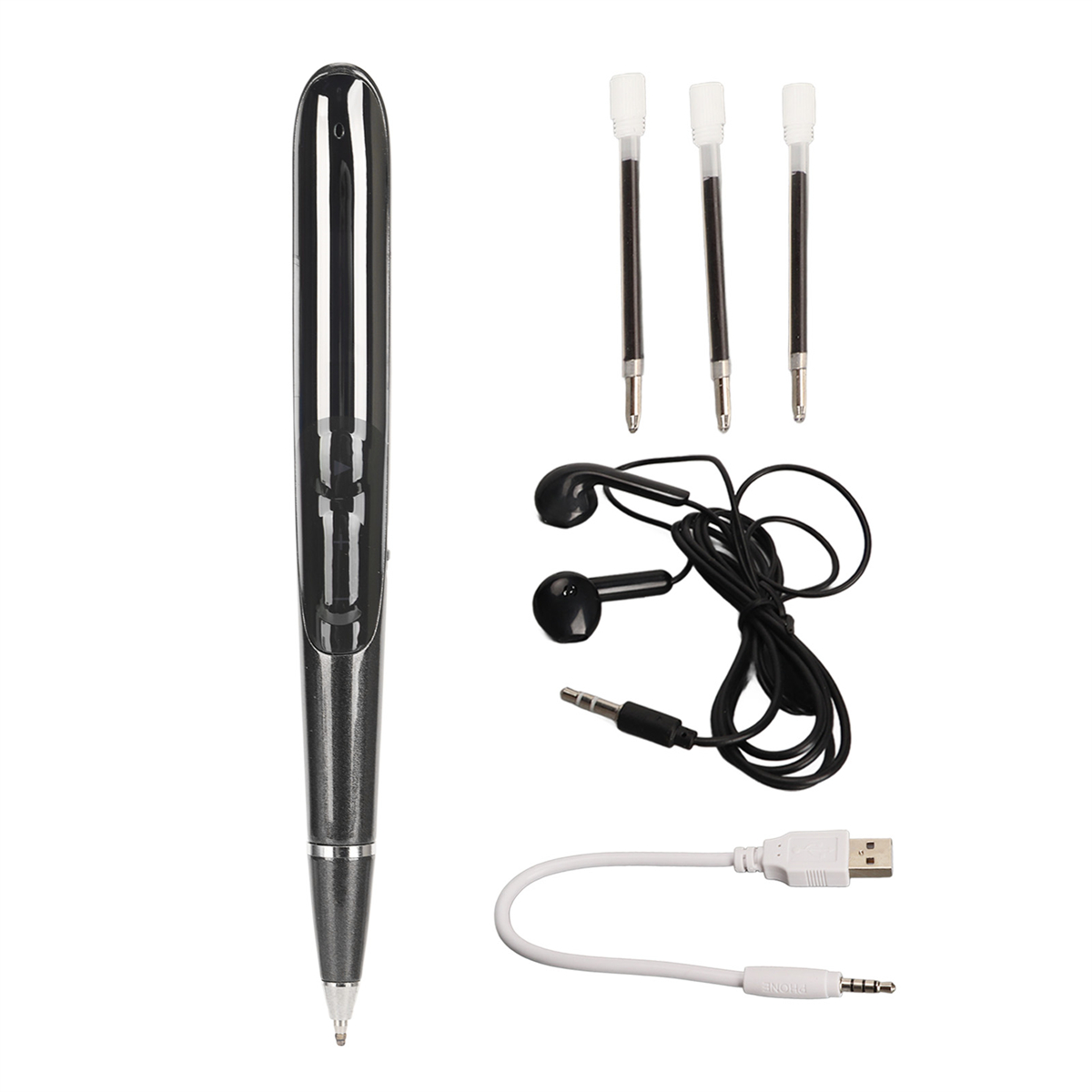 Ein Stift, Ohrhörer und ein USB-Kabel sind ausgelegt. Der Stift ist schwarz und silber. Ohrhörer und Kabel sind schwarz und weiß.