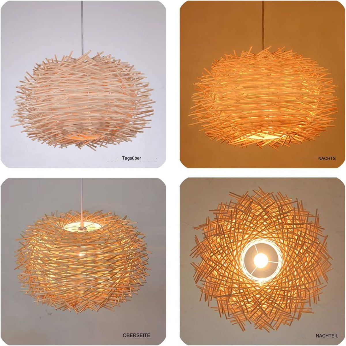 Vier Bilder einer gewebten Leuchte, verschiedene Winkel.