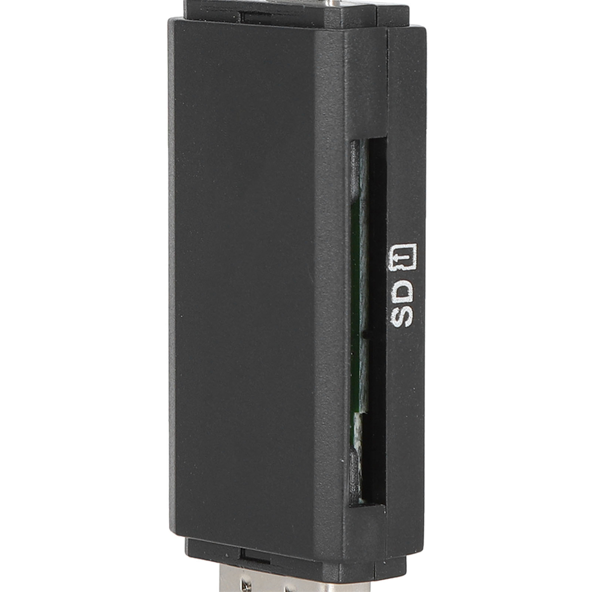 Schwarzer SD-Kartenleser. Zeigt SD-Kartensteckplatz und USB-Anschluss. Weißer Hintergrund.