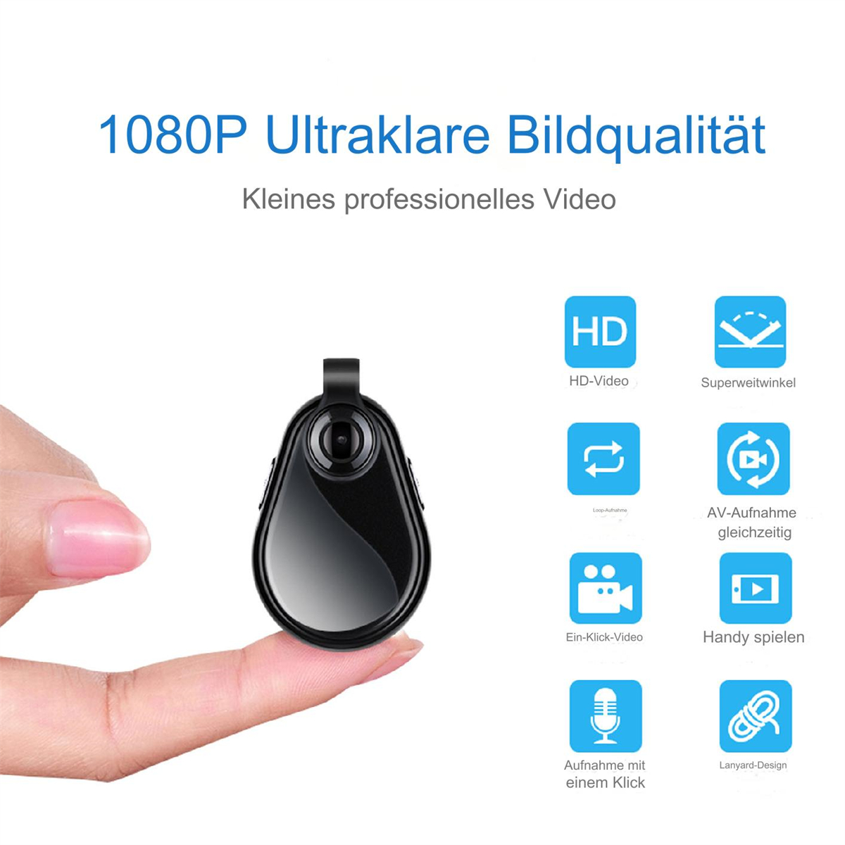 Kleine schwarze Kamera auf einem Finger, Symbole um sie herum. Text: 1080P Ultra klare Bildqualität.