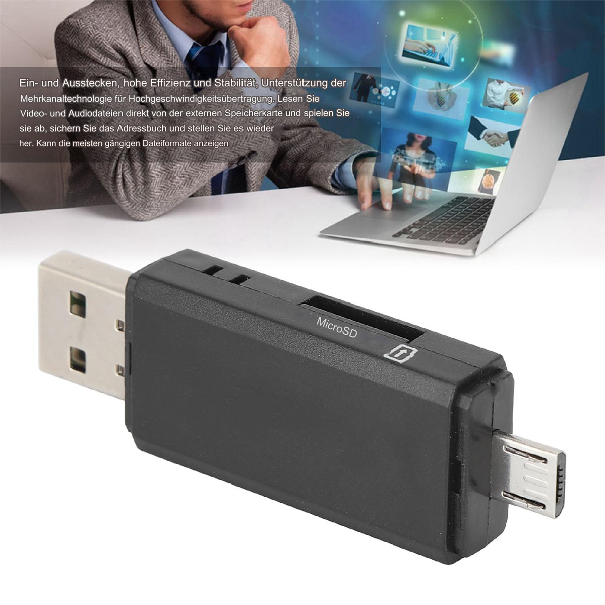 USB- und MicroSD-Kartenleser. An einen USB-Anschluss angeschlossen. Text: MicroSD. Schwarzes Gerät.