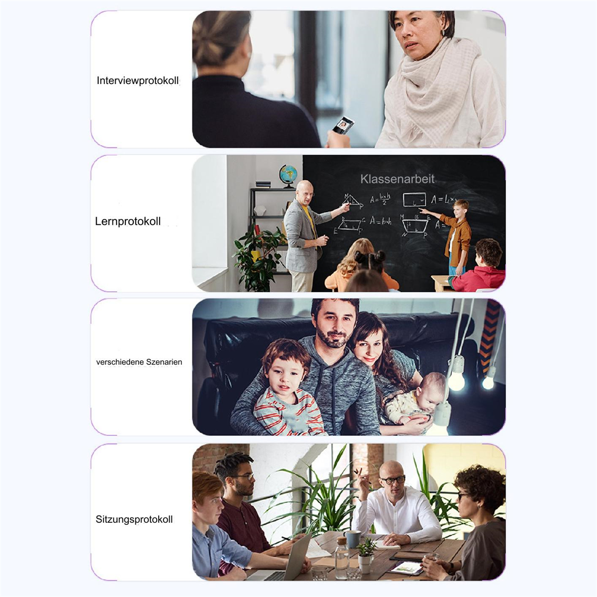 Vier Bilder mit verschiedenen Szenarien von Interaktionen, von Interview bis Meeting.