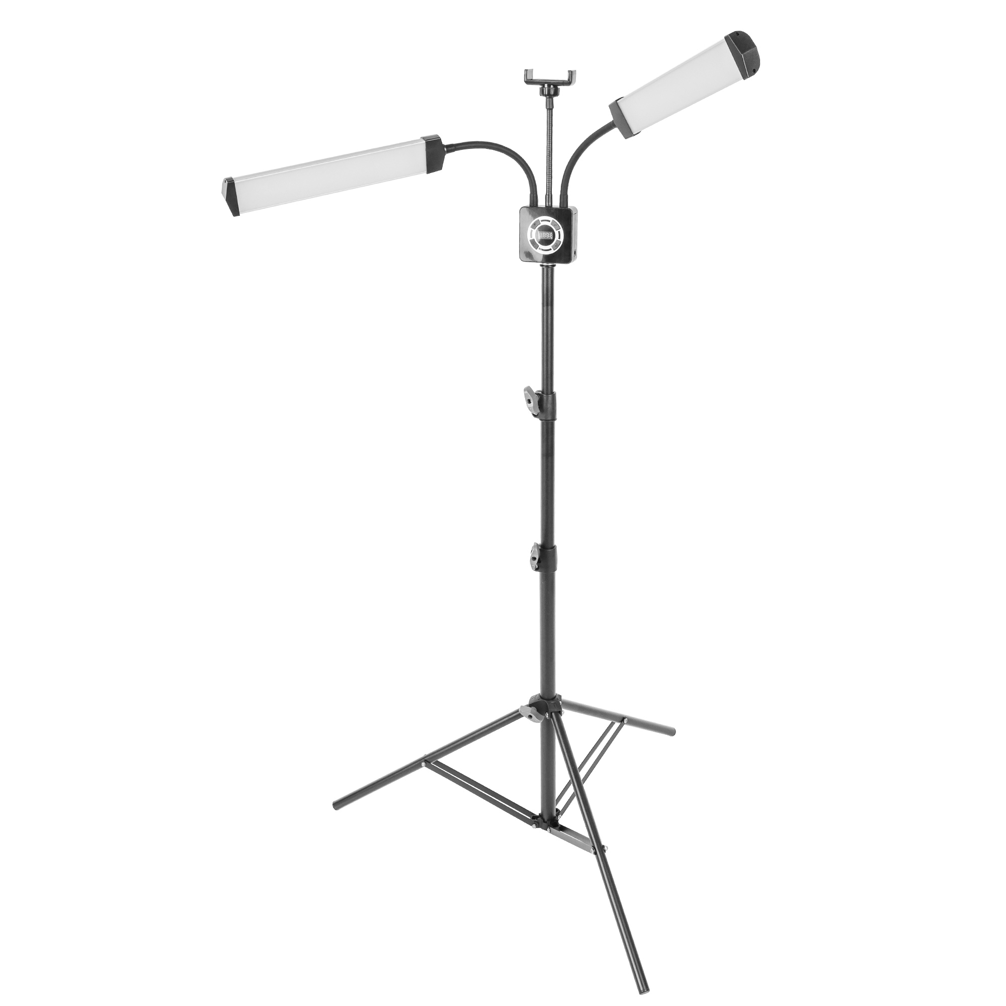 Ein schwarzer Studio-Lichtständer mit zwei LED-Lichtpanels und einem Telefonhalter.