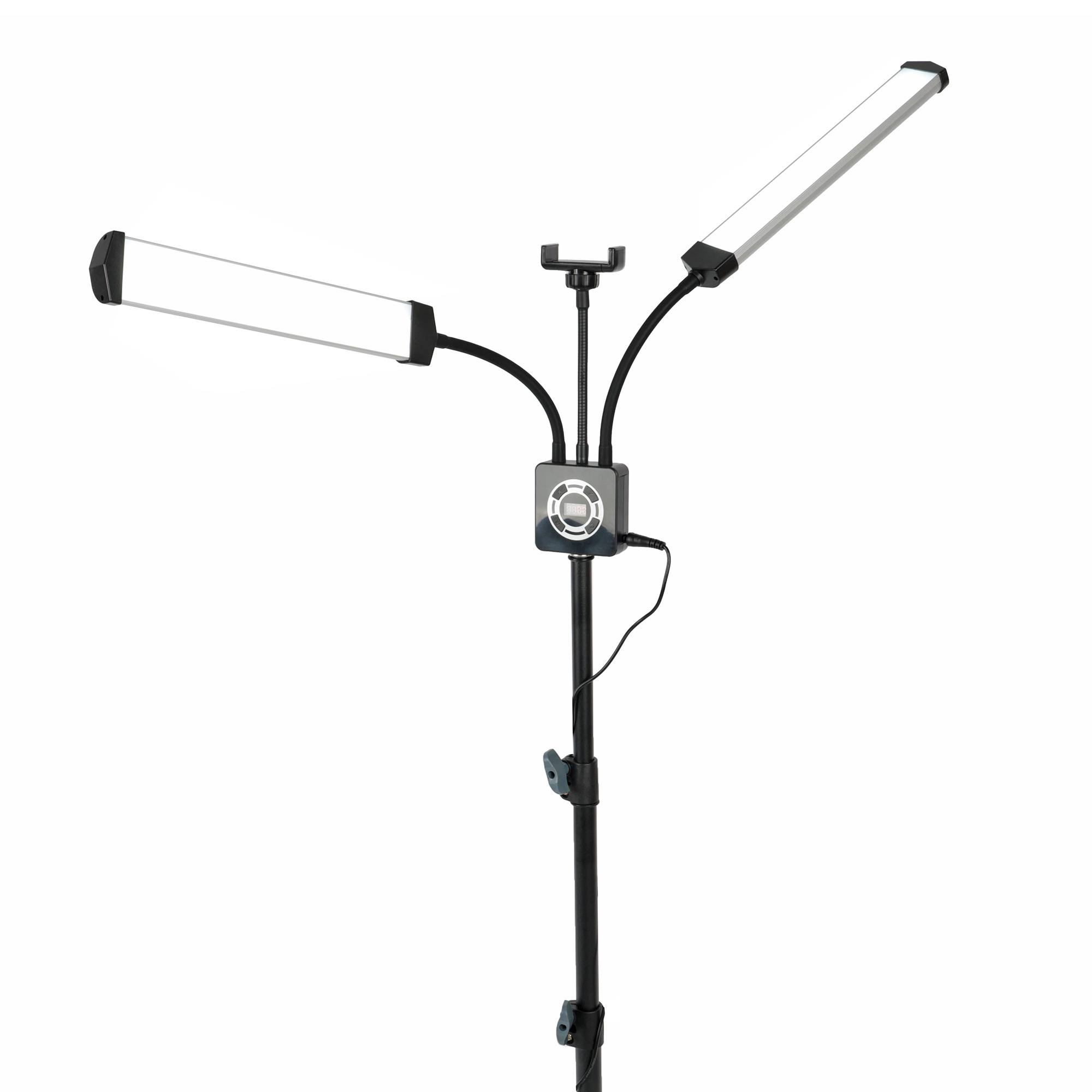 Studio-Lichtstativ mit zwei Lichtpaneelen und einer Telefonhalterung. Schwarz-weiß-Farbschema.