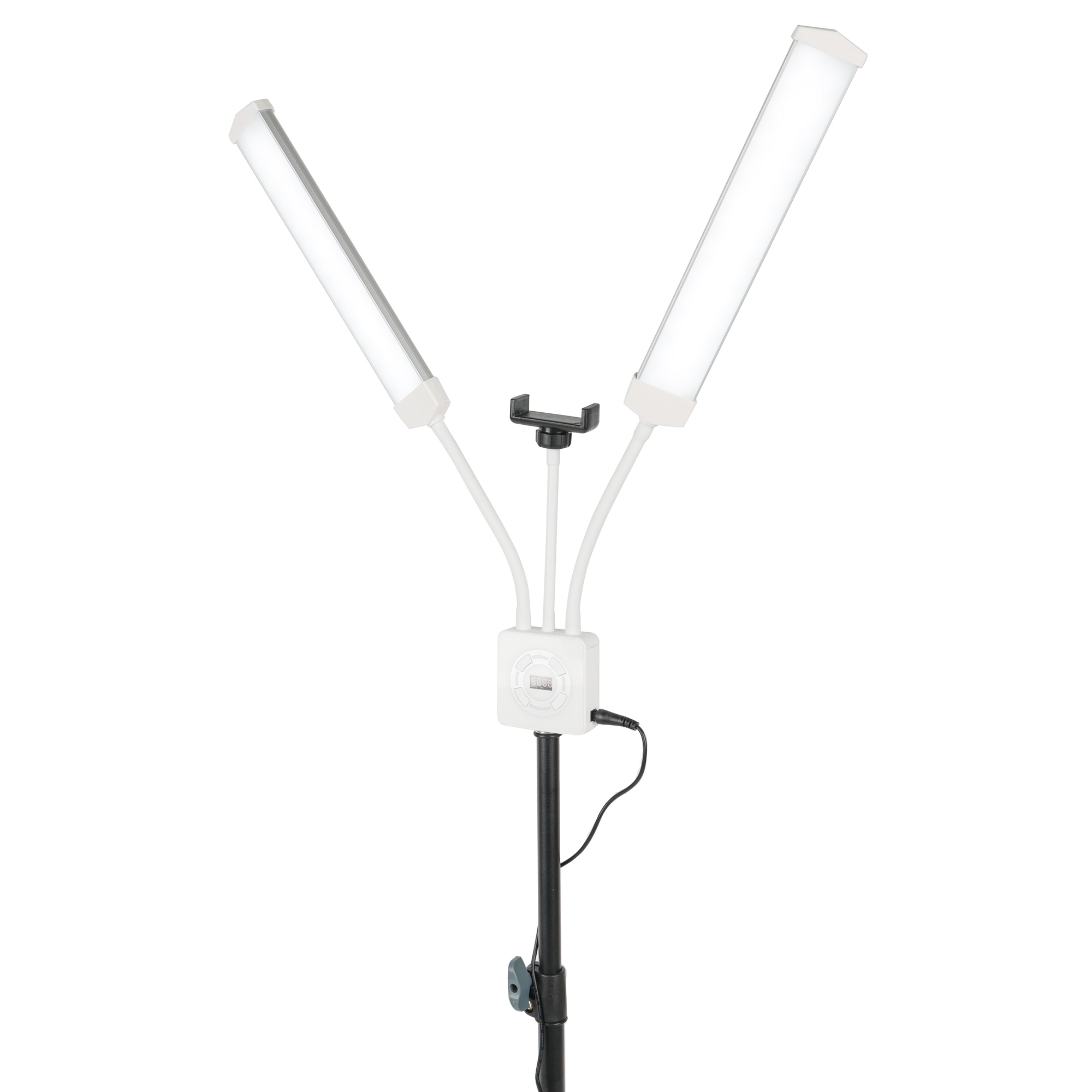 Ein hoher, weißer Y-förmiger Lichtständer mit zwei hellen Lichtern und einem Telefonhalter.
