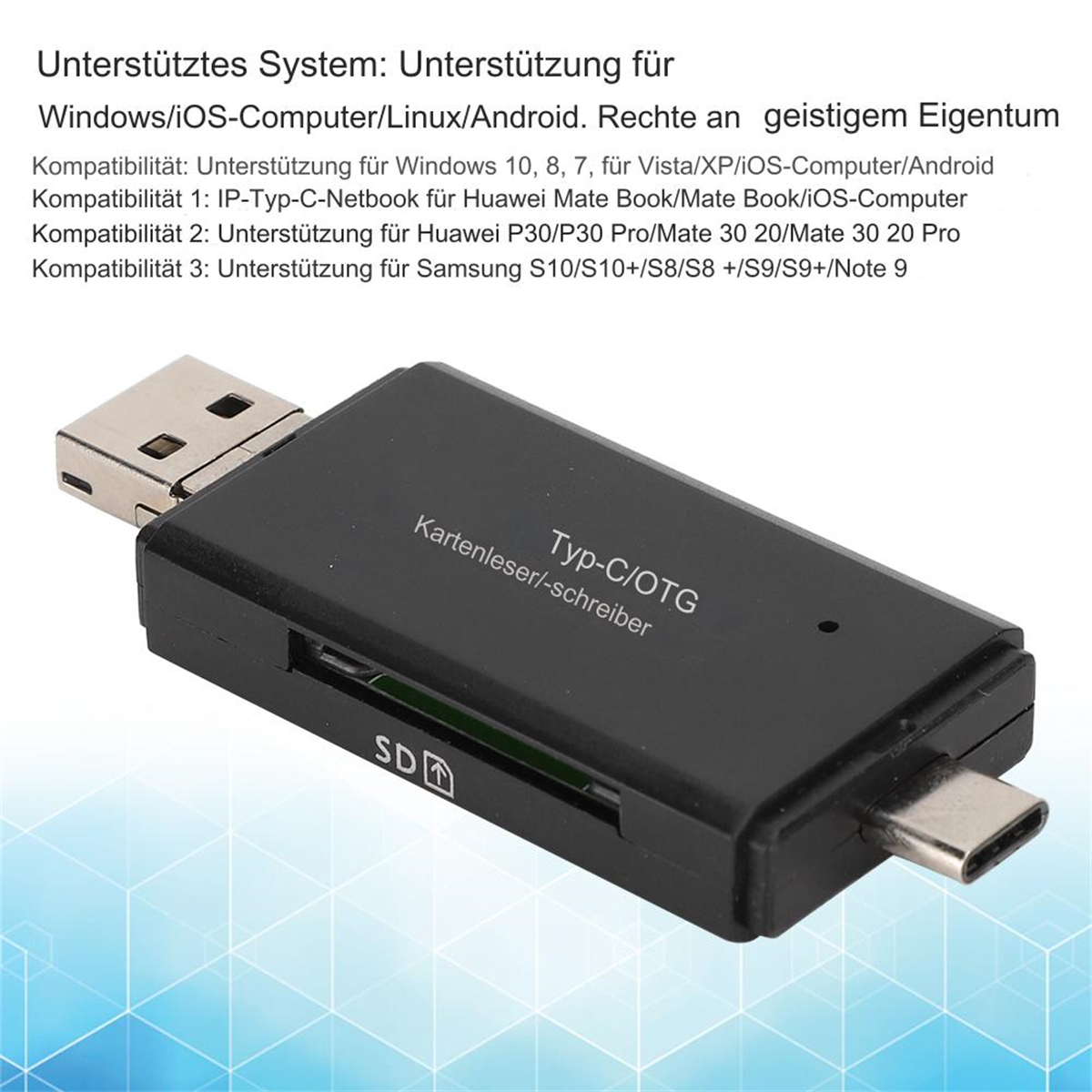 Schwarzes Kartenlesegerät mit USB- und SD-Kartensteckplätzen sowie einem Typ-C/OTG-Anschluss. Weißer Hintergrund.