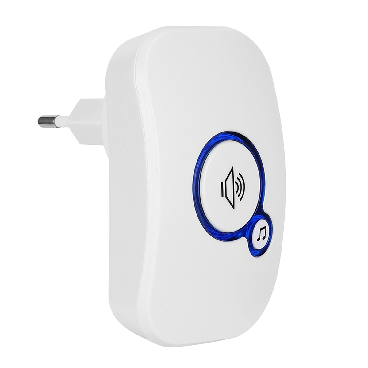 Eine weiße Plug-in-Türklingel mit blauem Lichtring und einem Lautsprechersymbol.