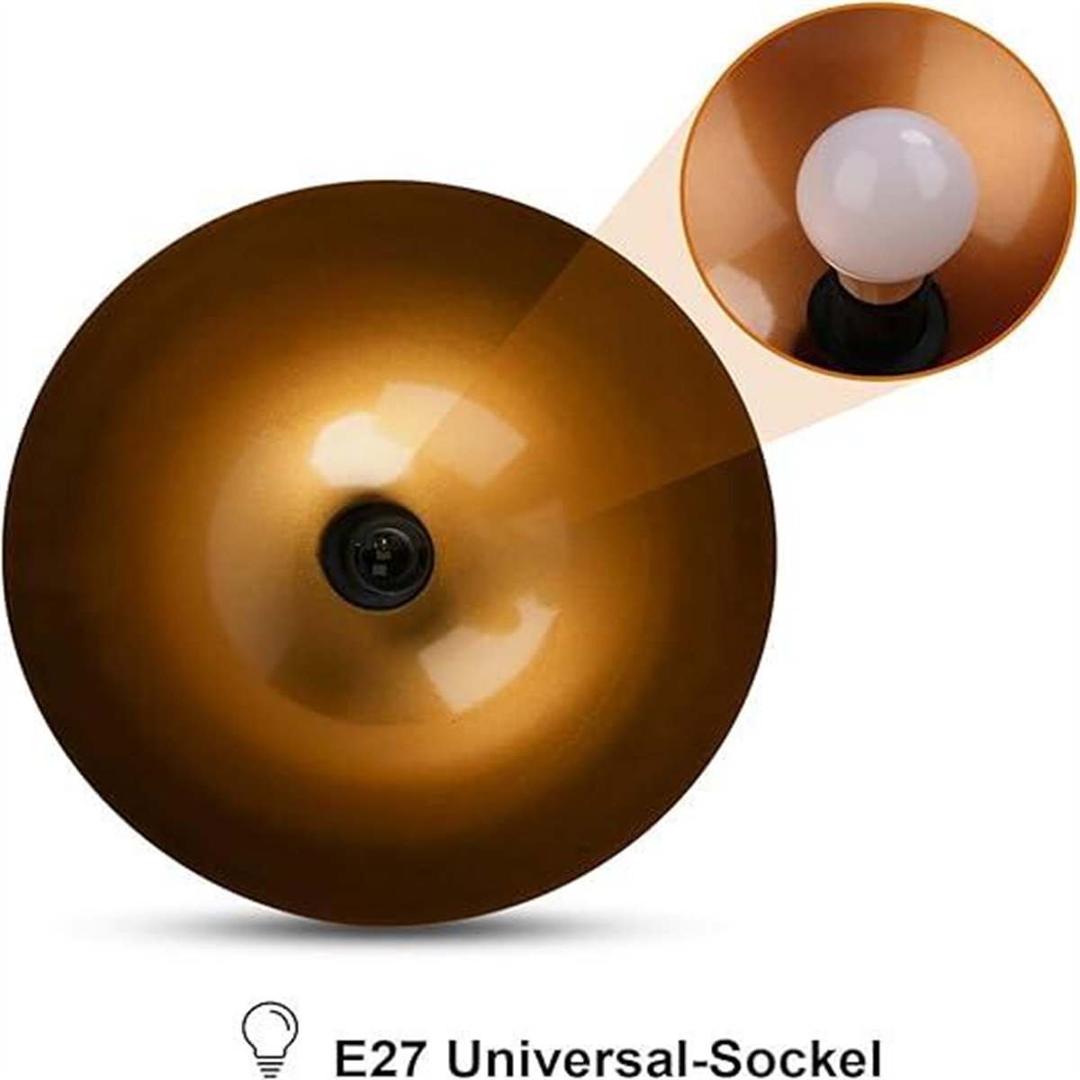 Goldfarbene Lampe mit weißer Glühbirne, E27-Universalsockel. Der Hintergrund ist weiß.