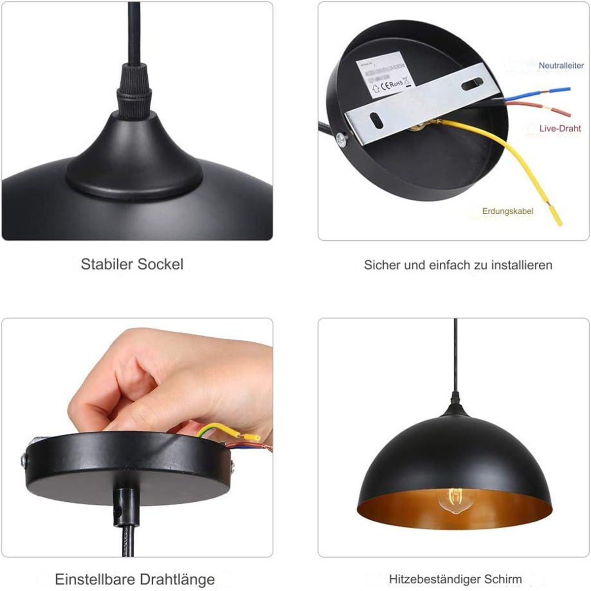 Eine schwarze Pendelleuchte mit goldfarbenem Innenraum, die Installationsschritte zeigt. Weißer Hintergrund.