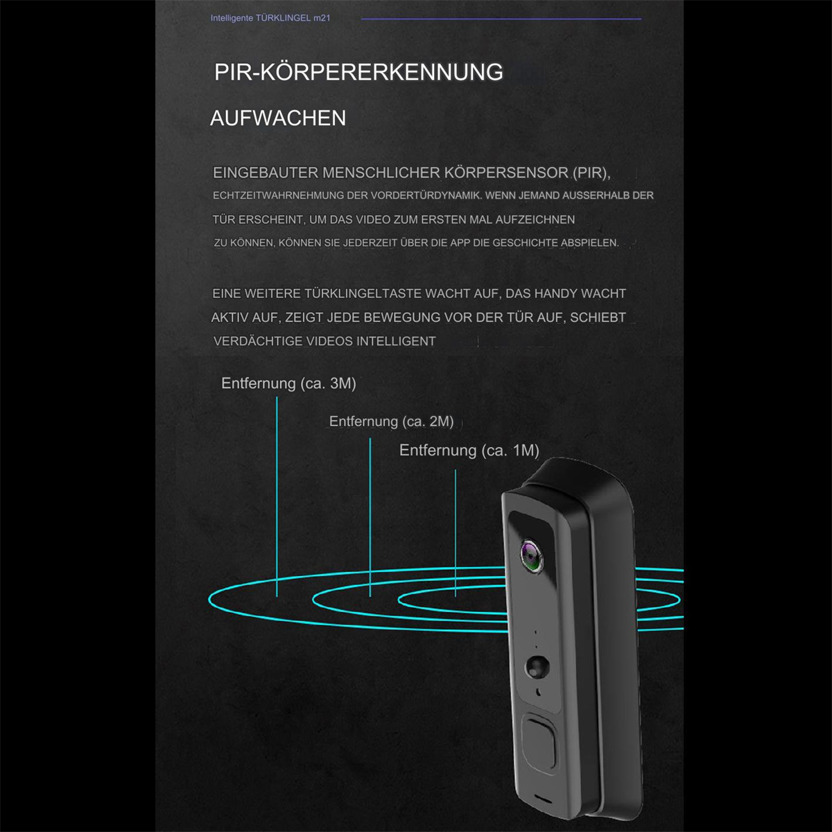 Diagramm einer schwarzen Überwachungskamera mit Linien, die Entfernungen anzeigen, und Text auf Deutsch.