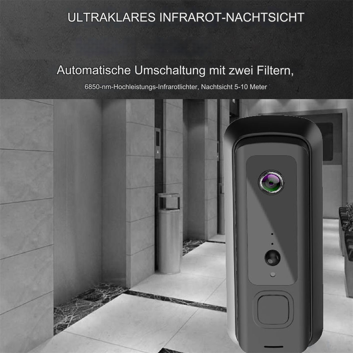 Sicherheitskamera mit Text, in einem Raum mit Tür und Wänden.