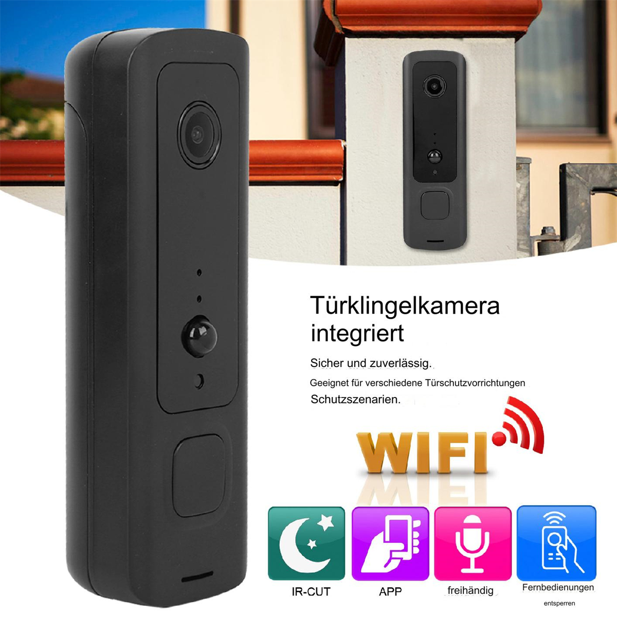 Schwarze Türklingelkamera mit Text, WLAN-Symbol. Auf Weiß montiert, dunkelgrauer Hintergrund.