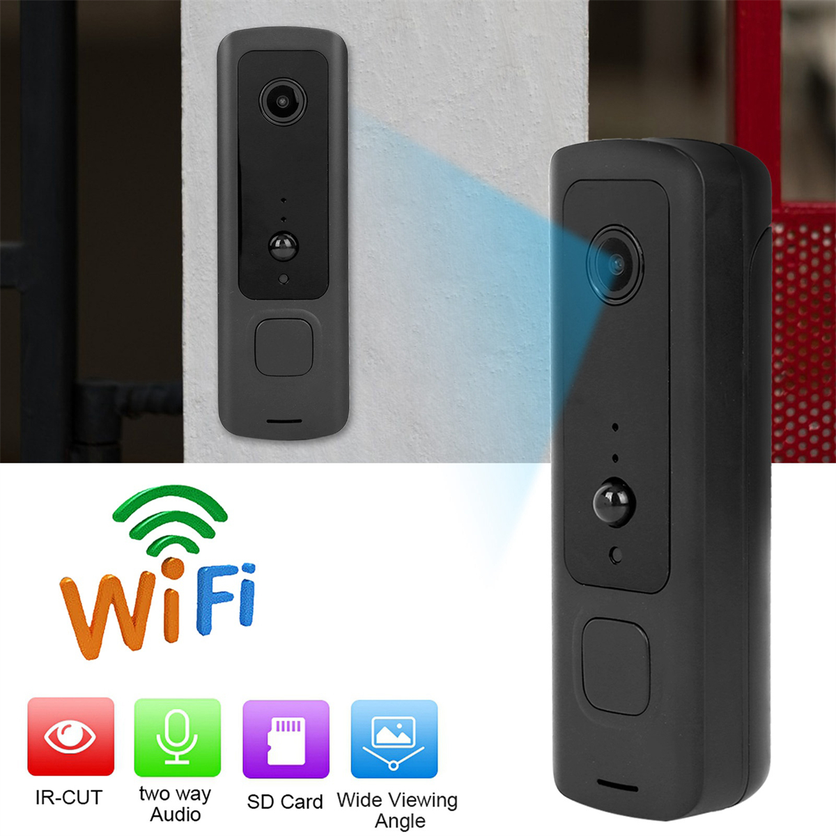 Zwei schwarze Türklingeln mit WLAN-Symbol und Symbolen für Funktionen wie Audio und SD-Karte.