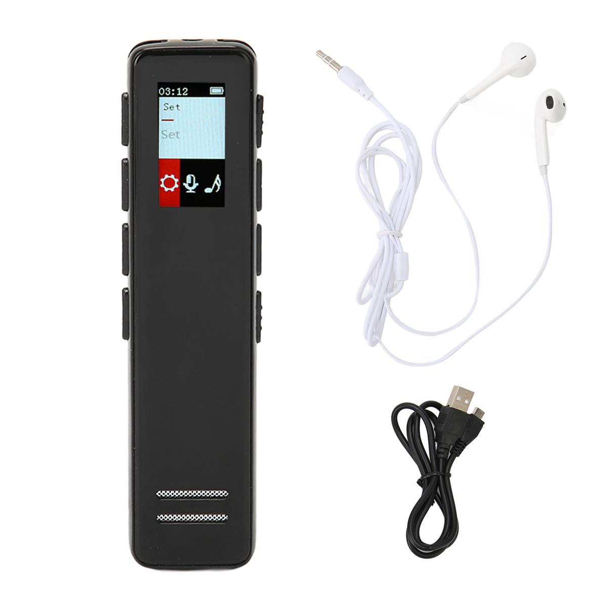 Ein schwarzes Aufnahmegerät mit Kopfhörern, einem Ladekabel und einem USB-Kabel.